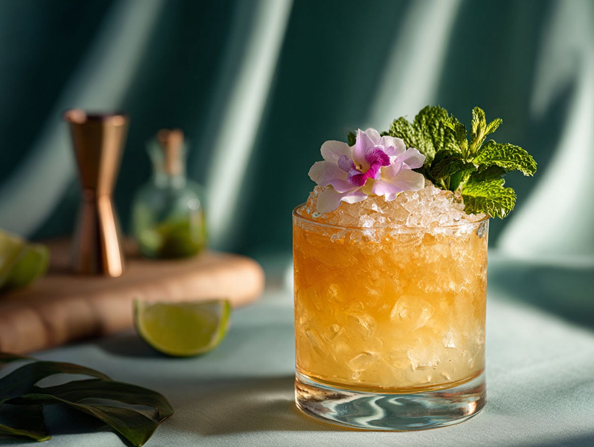 A mai tai drink, garnished with mint and flowers.Created by AI. Edited by Pernod Ricard Sweden