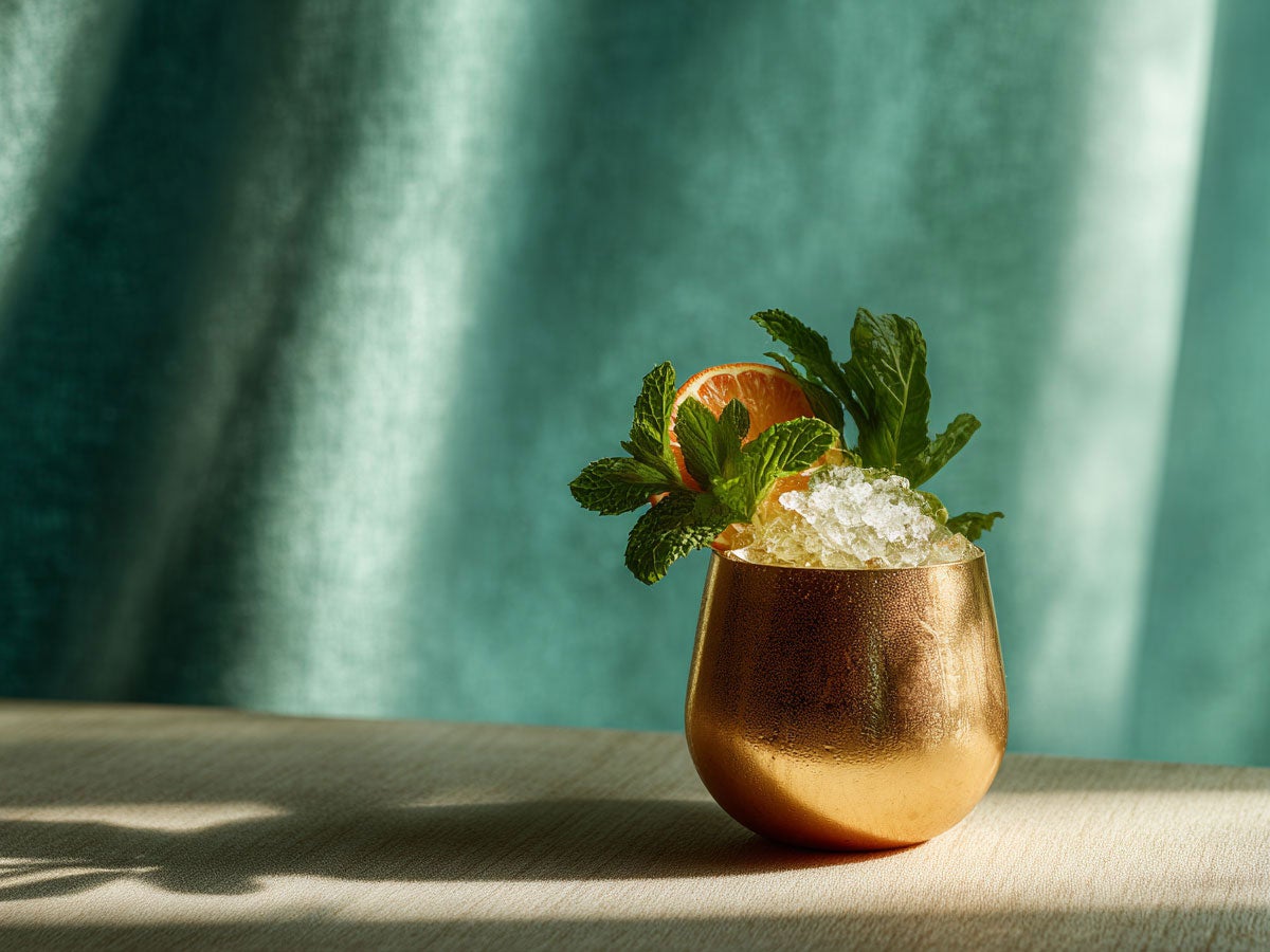 A cocktail in a metallic cup. Created by AI. Edited by Pernod Ricard Sweden