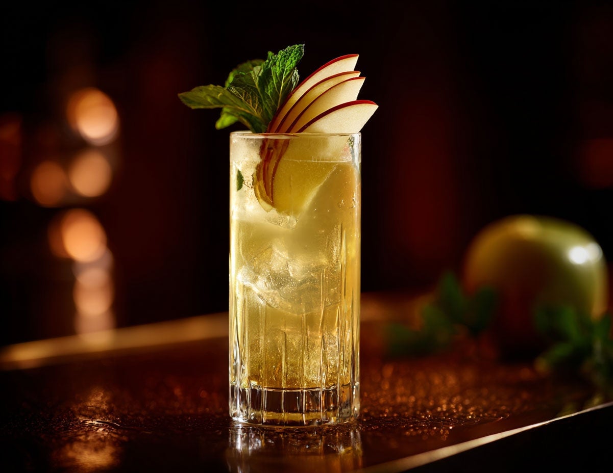 A drink filled with cider and whiskey mixed together, served in a high-ball glass on top of a bar. Garnised with mint and apples on top. Created by AI. Edited by Pernod Ricard Sweden