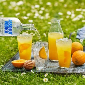 Screwdriver drink på en plade med appelsiner og en flaske Absolut Vodka