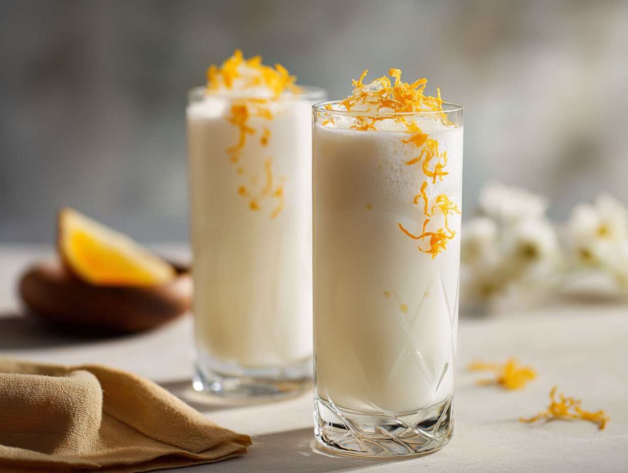 Two milkbased cocktails served in high-ball glasses. Created by AI. Edited by Pernod Ricard Sweden