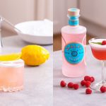 Clover Club cocktail på et bord med Malfy Gin Rosa. Arancia sour cocktail, med Malfy Arancia Gin og citroner.