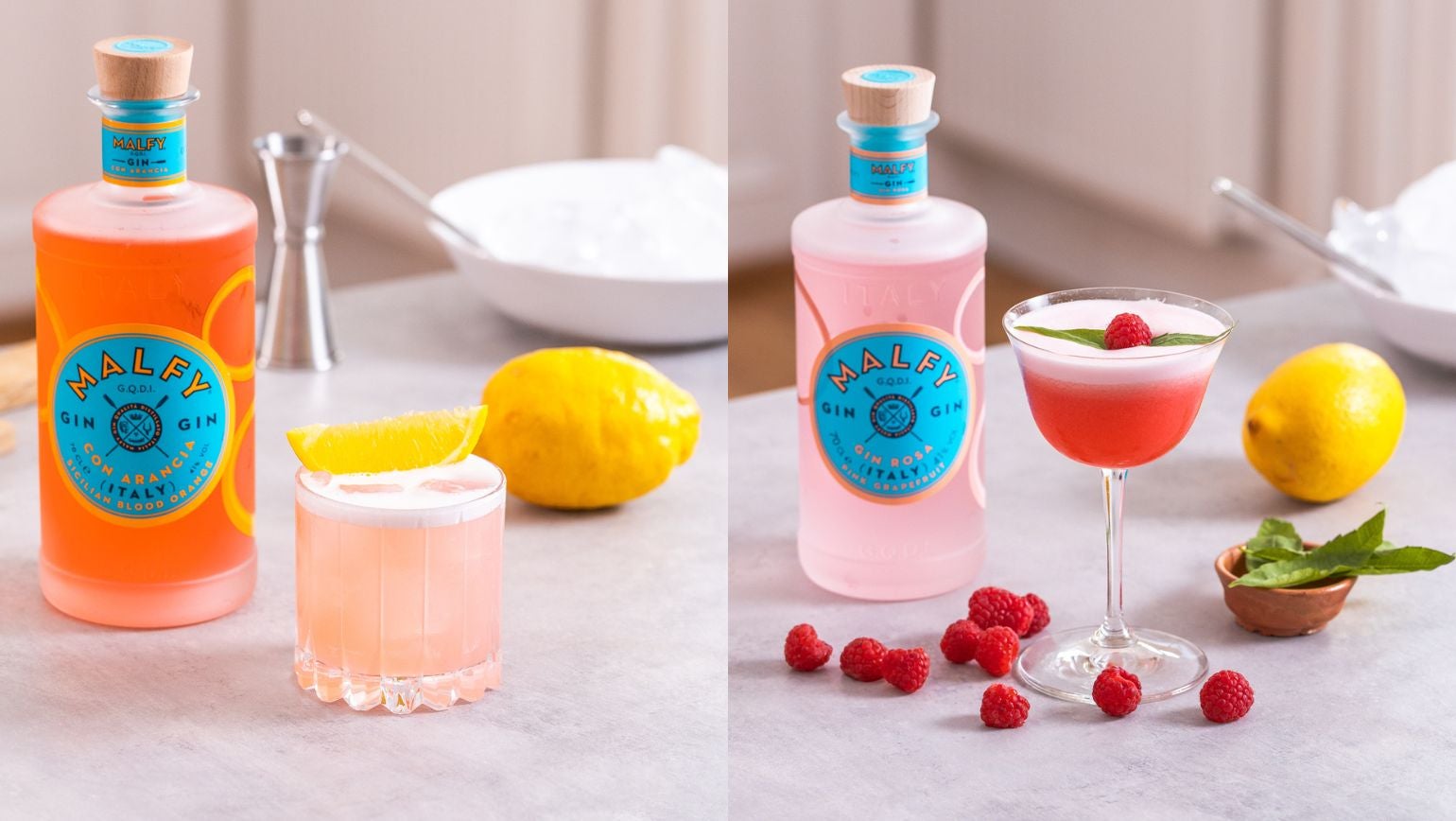 Clover Club cocktail på et bord med Malfy Gin Rosa. Arancia sour cocktail, med Malfy Arancia Gin og citroner.