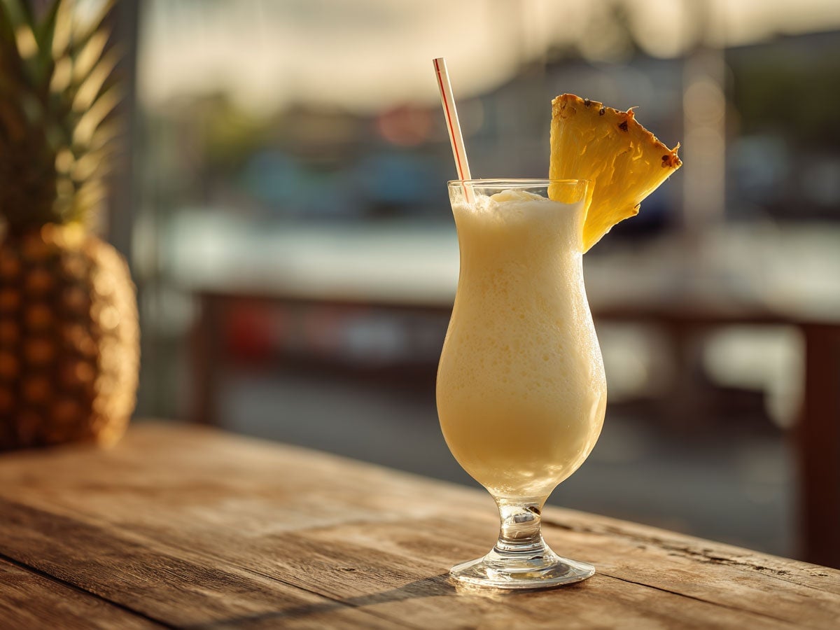 A pina colada drink served atop a bar. Created by AI. Edited by Pernod Ricard Sweden