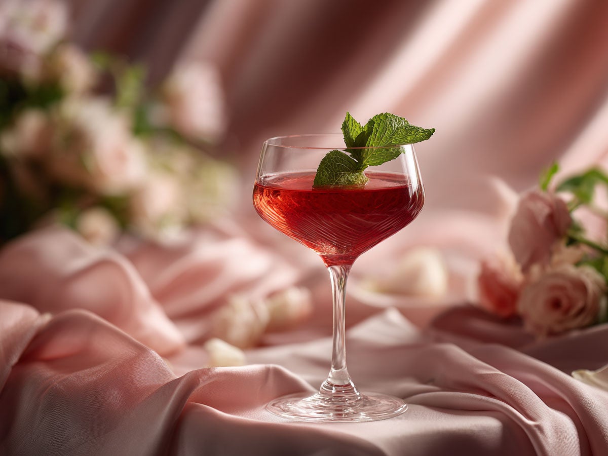 A red drink served in a romantic pink style environment. Garnished with mint. Roses in the background. Created by AI. Edited by Pernod Ricard Sweden